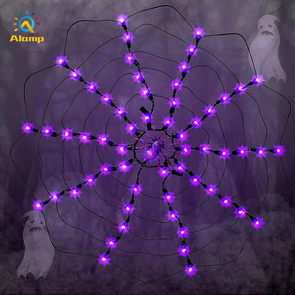 Stringa di luci a LED per ragnatele nere 60 LED 60 cm Luci di rete per ragni viola per la festa di Halloween Decorazione per festival di fantasmi Funziona a batteria