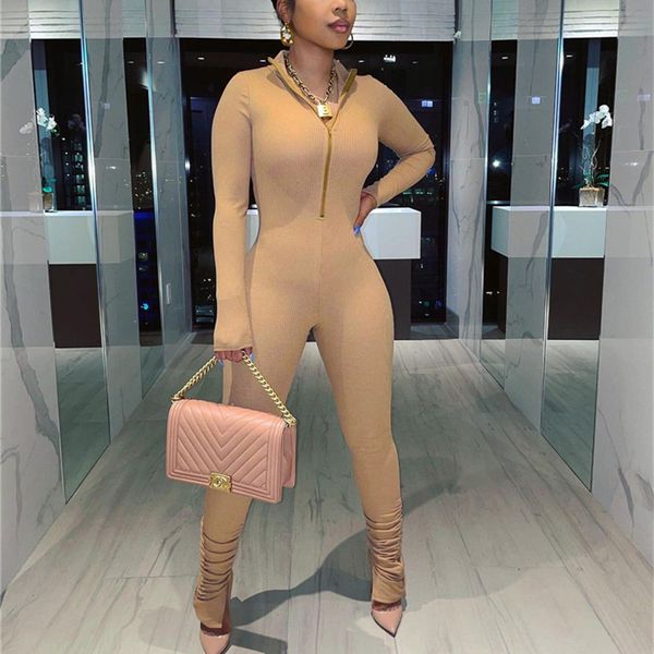 

zipper fall long sleeve stacked jumpsuit women one piece outfit skinny split hem bodycon rompers womens jumpsuit female, Black;white