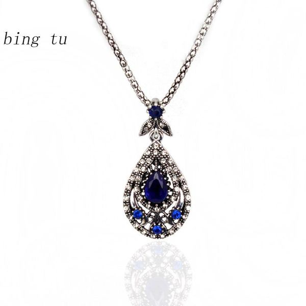 

pendant necklaces bing tu women vintage statement necklace antique silver color water drop green retro party jewelry