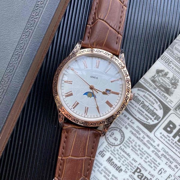 

2021 new luxury fashion three-pin belt lunar phase date series watch luxury mens watch designer big brand fashion, Slivery;brown