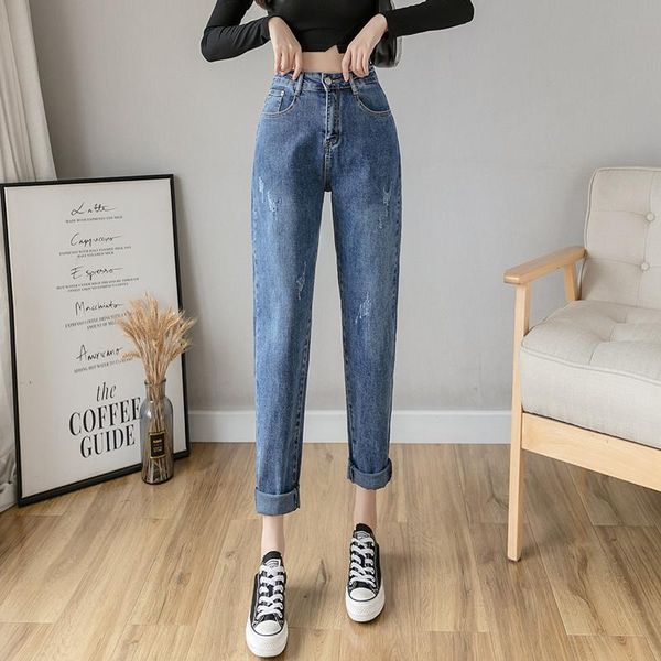 

women's pants & capris dark blue harlan dad jeans autumn 2021 high waist thin straight nine point radish, Black;white