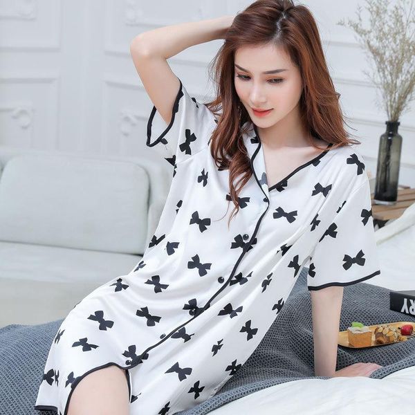 

women's sleepwear night shirt satin women sleepdress printed bow sleepshirt summer intimate lingerie button-down nightgown short, Black;red