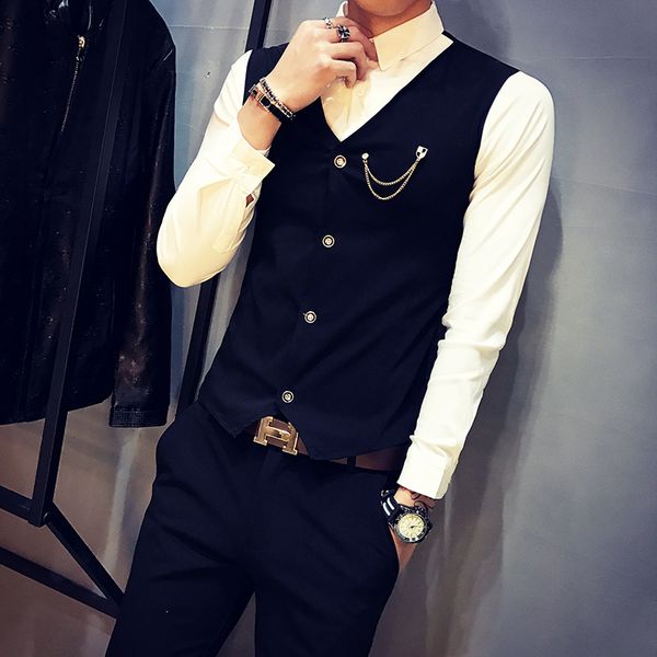 

primavera nova new fake-2pieces manga longa camisas pretas para roupas masculinas simples decorao corrente magro ajuste ves 5p0c, Black;brown