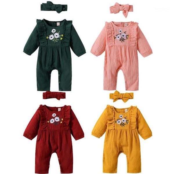 

jumpsuits baby & children's 0-24m autumn infant girls rompers headband 2pcs long sleeve ruffle embroidery1, Blue