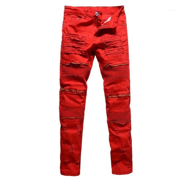 Männer Jeans Herren Männlich Club Biker Weiß / Rot / Schwarz Knie Multi Reißverschluss Männer Marke Slim Fit Cut Destroyed Jean Hosen für Homme