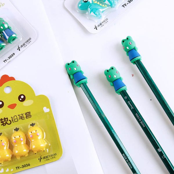 

3pcs kawaii cartoon animal kicker chick cap pen refill protection soft potlood extender er paper student delivery