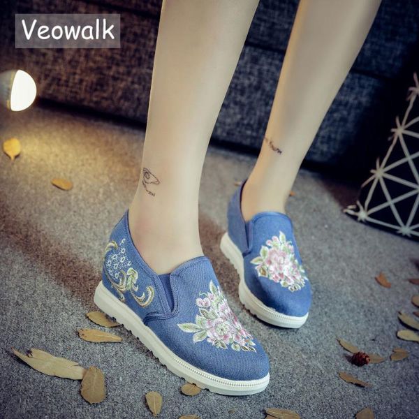 

dress shoes veowalk med hidden heels women casual canvas platforms floral embroidered slip-on comfort cotton cloth wedges for woman, Black