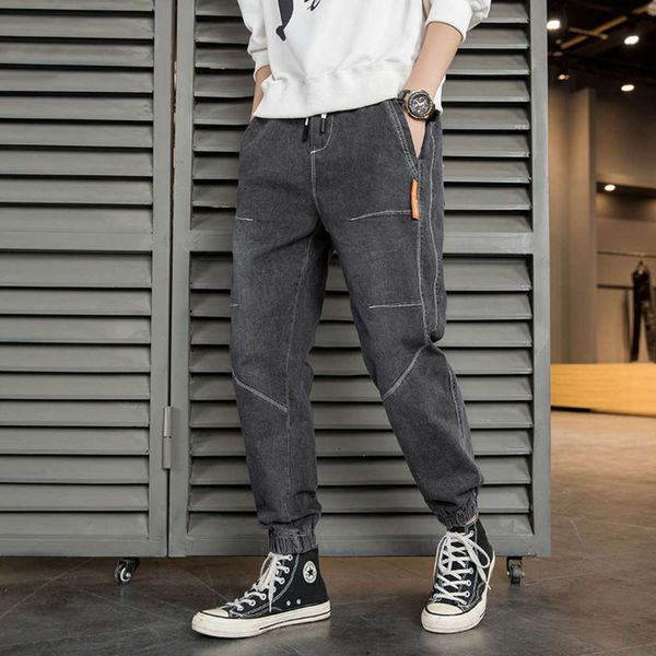 

spring new men's brand loose stretch jeans youth fashion elastic waist casual harem pants leggings, Black