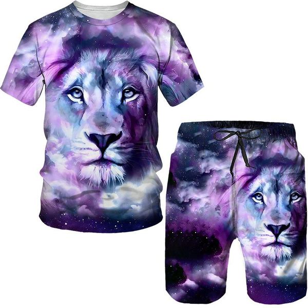 

men's tracksuits t-shirt animal 3d printing lion summer shorts 2-piece fashion sports outdoor beach pants funny loose oversized, Gray