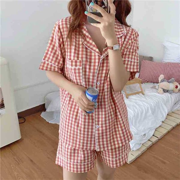 

stylish red summer women large size plaid short sleeves sleepwear all match loose pajamas sets home clothe 210525, Black;red