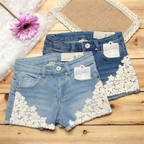 

summer baby girl shorts fashion girls lace floral jeans kids denim panties 2-12 y wear 210723, Black