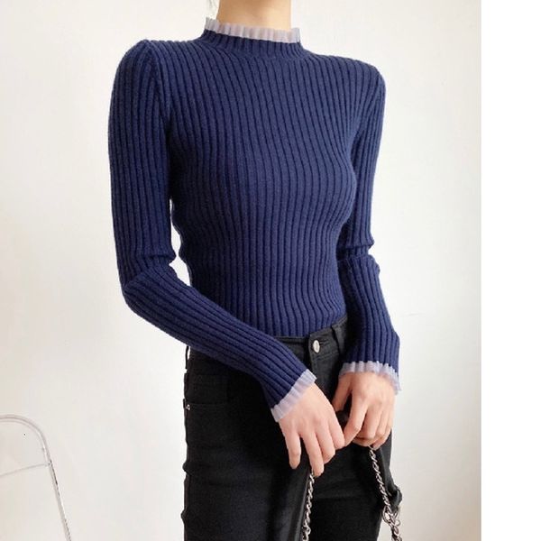 

2021 early spring new elegant lace stitching collar long-sleeved pit strip slim bottoming pullover knitted sweater women 59ki, White;black