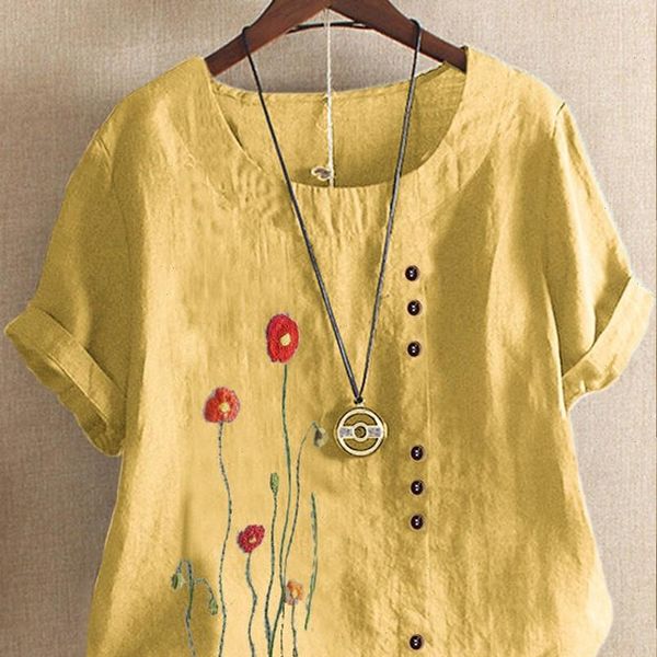 

women blouses vintage print o neck floral button shirt short sleeves blouse cotton and linen summer blouse women, White