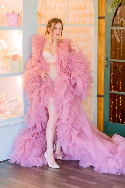 Seksi Kabarık Uzun Kollu Pembe Gelinlik Modelleri Ruffles Robe Tül Katmanlı Abiye Artı Boyutu Parti Bornoz Fotoğraf Çekimi Vestidos