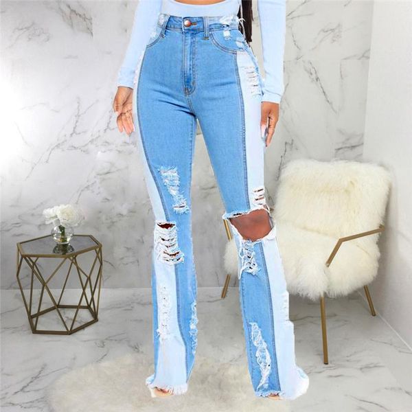 

women's jeans patchwork women high waist flared pants ripped streetwear denim trousers fall lady stretch slim boot cut, Blue