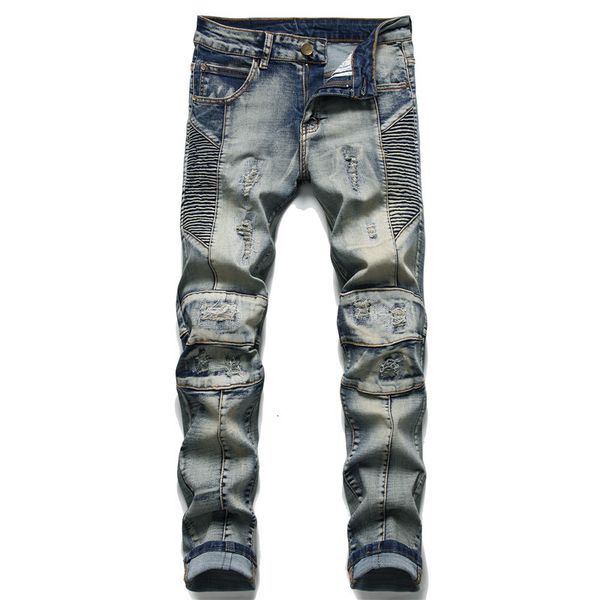 

new fashionable retro-afflicted male stylist jeans the microelastic men in a straight line hole stretch pants of 1808 6uo1, Blue