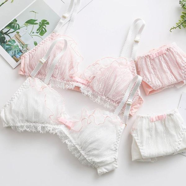 

bras sets bralette lace ruffles trim women's cute bra & panties set cotton wiresoft underwear sleep intimates lolita, Red;black