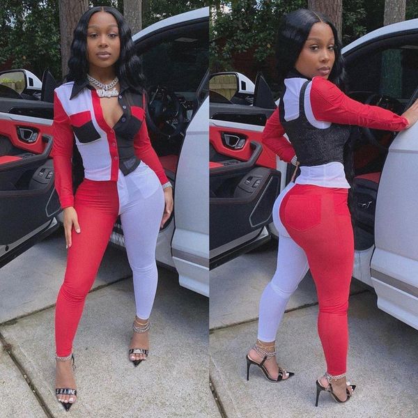 

women sets fashion clothing lady skinny two piece set shirt contrast color pants club wear color patchwork matching set, Gray