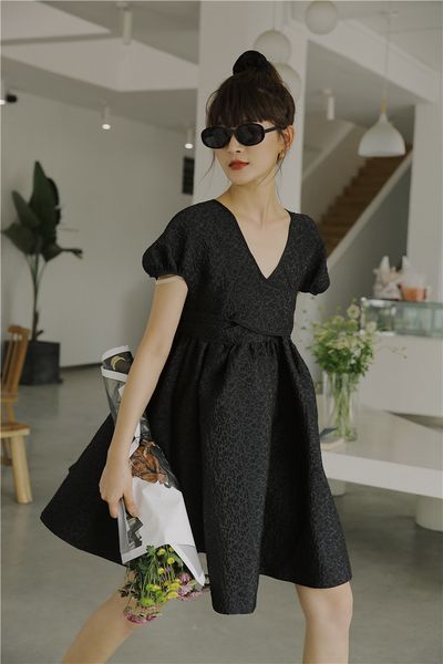 

2021 new jacquard v neck short sleeve summer open ball gown mini bow tie back black vintage 3fu3, Black;gray