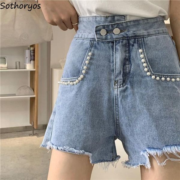 

women's shorts denim women high waist plus size s-3xl ripped distressed pearls patchwork ins fashion female wide leg trousers summer ol, White;black