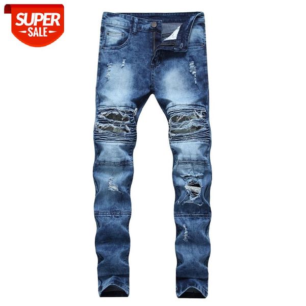 

black blue denim moto bike skinny ripped hole jeans for men's oversize 2021 autumn spring hip hop punk rock streetwear trouers #1m0g