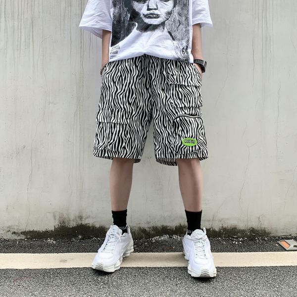 

shorts 2021 summer zipper pocket stripe hip hop fashion couple overalls sweatpants capris men's large, White;black