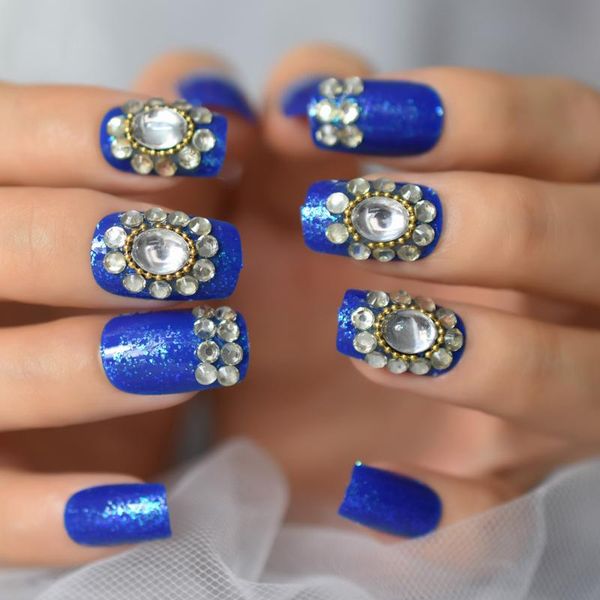 

false nails pre-designs 2021 aug. press on nail tips big diamond rhinestone blue medium square fingernail full cover manicure wholesale, Red;gold
