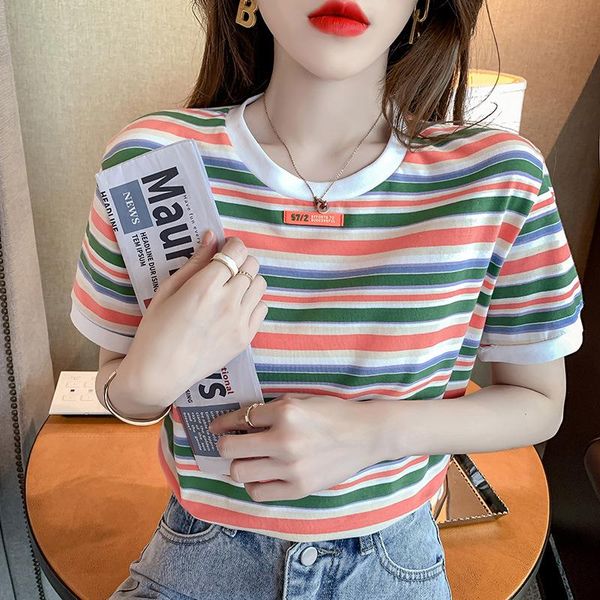 

women's t-shirt rainbow striped short-sleeved printed summer round neck cotton ins tide short thin half-sleeved, White