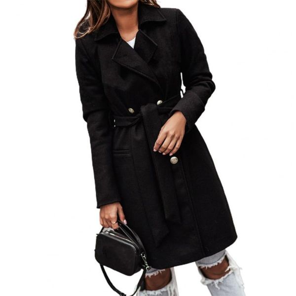 

women's wool & blends jacket women oversize coat solid color double-breasted autumn winter clothes thick lapel belt wrap for office, Black