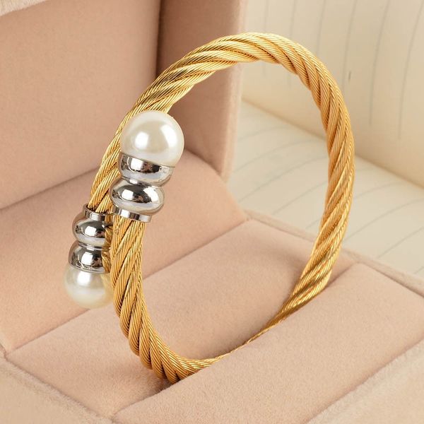 

open pearl bracelet titanium steel wire bracelet for men and women fashion jewelry gold men stainless steel wire bracelet women bangle, White