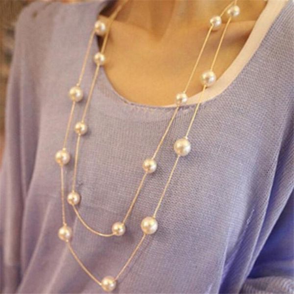 

pendant necklaces long double layer simulated pearl necklace women sweater chain female collares statement jewlery wholesale 2021, Silver