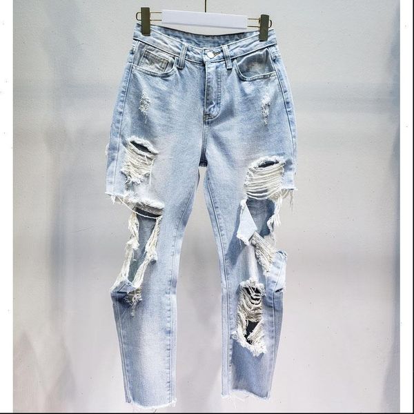 

woman jeans denim jeans womens ripped jeans denim pants high waist hole denim ankle length pants leisure pencil pants, Blue