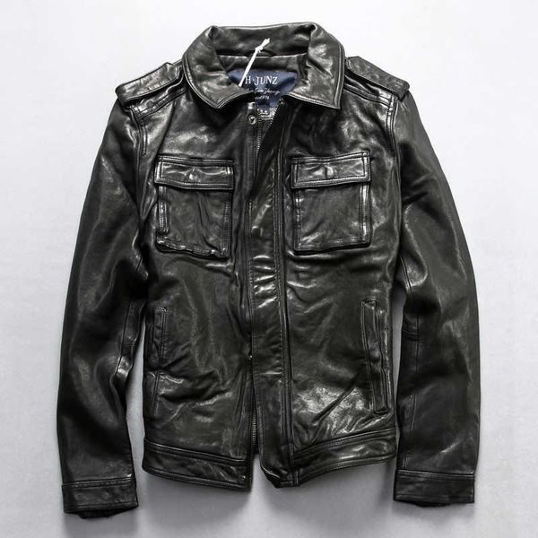 

men's leather & faux 2021 genuine biker jacket men slim fit motorcycle goat autumn and winter coat male, Black