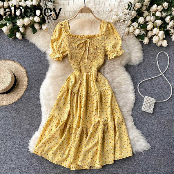 

women bohemian floral dress sweet puff sleeve square collar ruched a-line dresses summer korean holiday print dress 210715, Black;gray