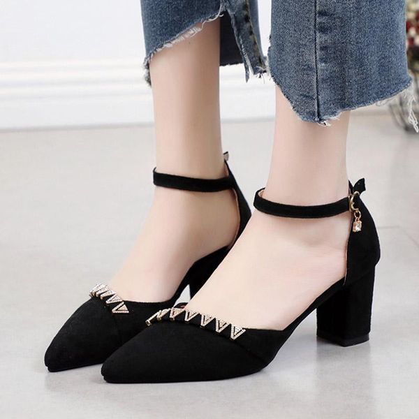 

sandals plus size 34-43 women high heels dress shoes ankle strap pumps pointed toe rhinestone sandalias mujer work 8074c, Black
