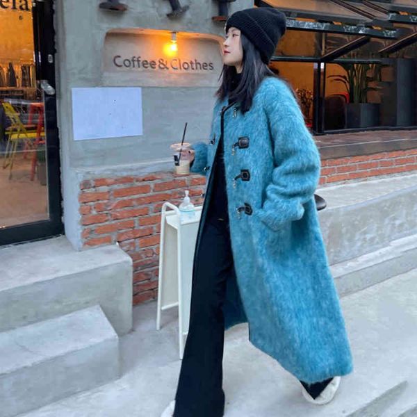 

women's wool & blends [eam] loose fit blue horn buckle big size woolen coat parkas long sleeve women fashion autumn winter 2022 1de4444, Black