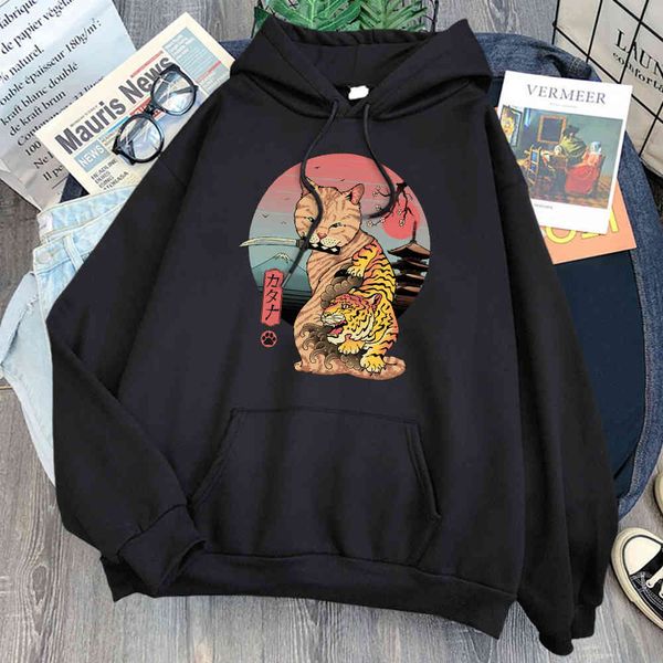 

ukiyoe japane animation hoodie cat print sweatshirt casual harajuku street hoodie men's new jersey sweatshirt hoodie, Black