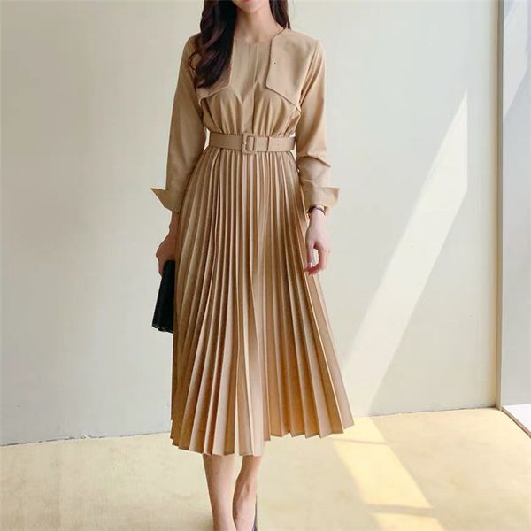 

casual dresses korean hzirip spring fashion plied female ol full sleeves office lady big line size long belt k02z, Black;gray