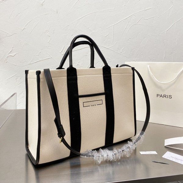 

women fashion classic leather handle patchwork canvas bag large capacity mommy bags shopping tote black white 2 colors handbag lcm