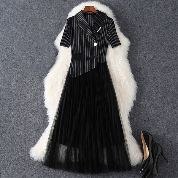

2021 summer short sleeve notched-lapel black striped tulle panelled pleated double-breasted dress elegant casual dresses xxl 21q088b23623924, Black;gray