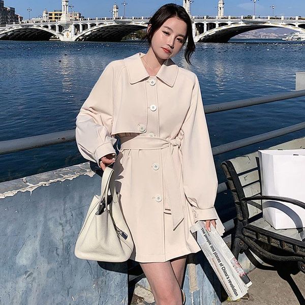 

women's trench coats [ewq] korean chic solid color pleated short coat women autumn 2021 lapel single breasted windbreaker with belt 16r, Tan;black