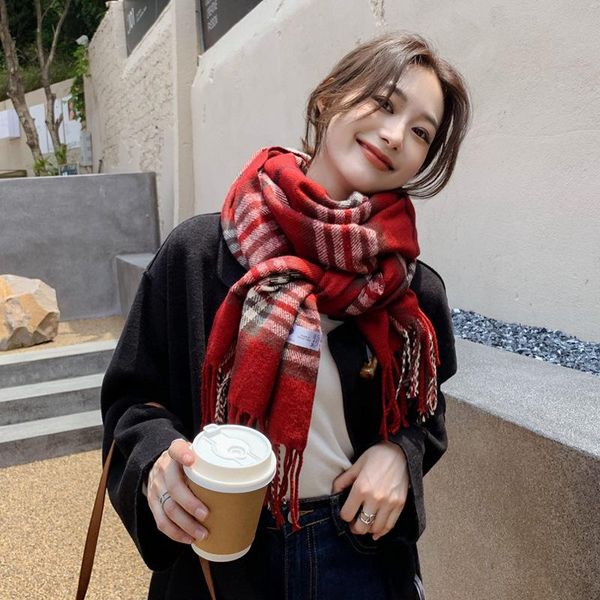 

scarves 2021 autumn and winter small fresh contrasting color plaid patch fringed scarf thick warm women, Blue;gray