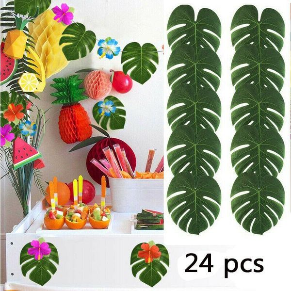 

24pcs bulk tropical hawaiian green leaves luau party table decorations new artificial plants home decor