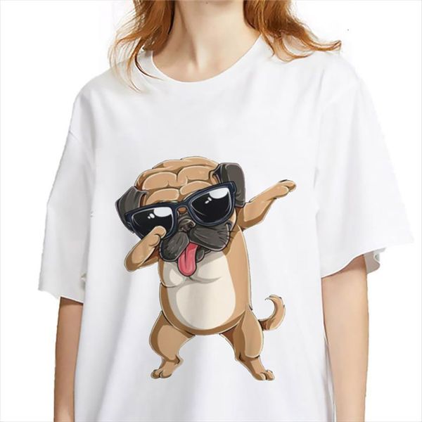 

kawaii pug dog prints womens t shirts white short sleeved vintage fashion harajuku