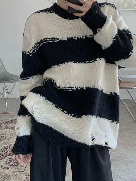 

women's sweaters hole hollowed out loose lazy wind wearing long sleeved sweater autumn winter pullover striped fashion, White;black