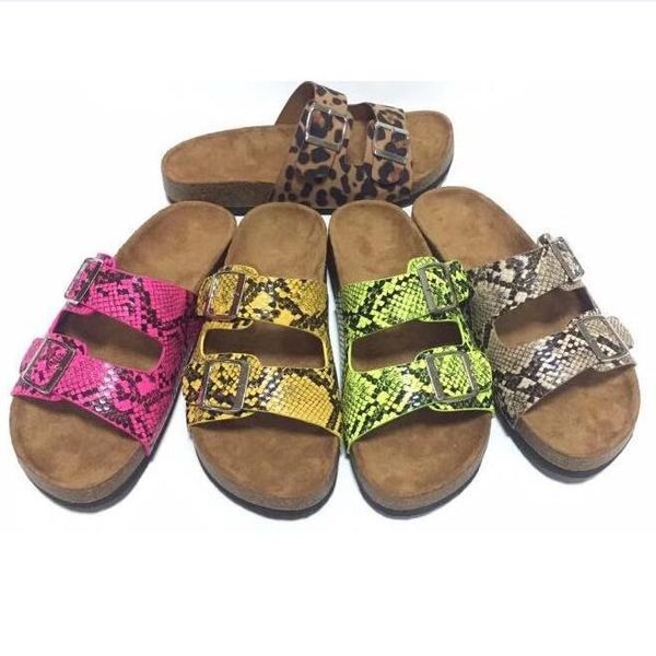 

women leather pu sandals 2021 new flip flop outdoor travel beach shoes snake pattern double buckle bright color slippers, Black
