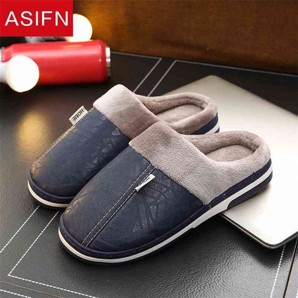 

asifn men home winter slipper memory foam non-slip indoor house warm cotton shoes ladies with fur pu leather 210619, Black