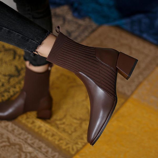 

boots wool knitted stretch short women's autumn winter 2021 square toe thick heel thin boot for female 43 large size, Black