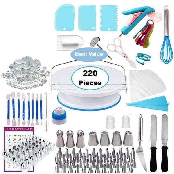 

220pcs diy cake decorating bakery tools kit cake turntable nozzle set pastry tube fondant tool kitchen dessert baking supplies