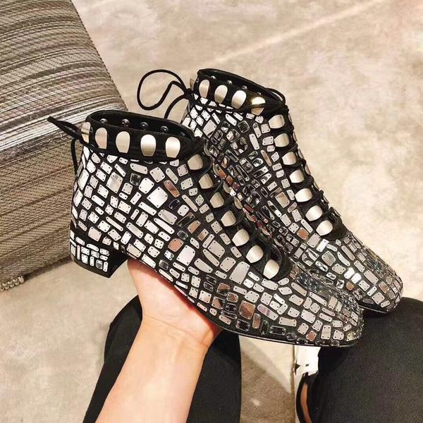 

boots british style full bling metal seuqins ankle chunky heels female gladiator lace up short women, Black